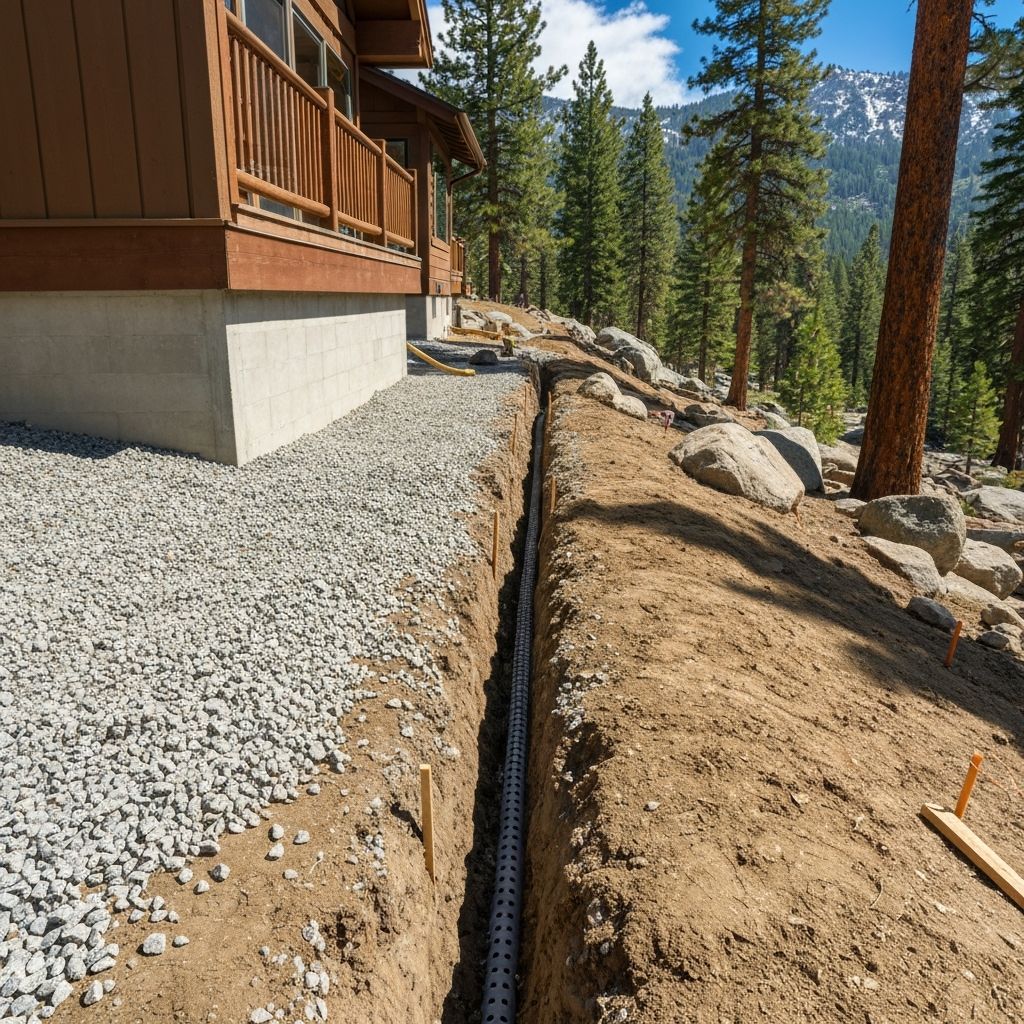 French drain and stormwater BMP installation in Lake Tahoe mountain terrain